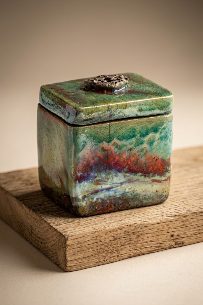 Boîte en céramique Raku artisanale décor paysage aux nuances émaillées vertes et cuivrées avec couvercle, création Cosmical par Florence VB.paysage